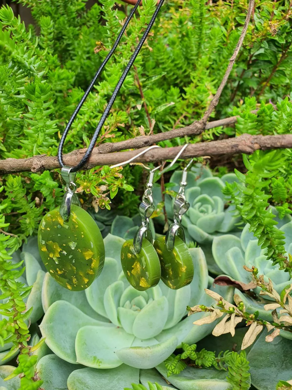 Golden Green Resin Earrings - Image 2