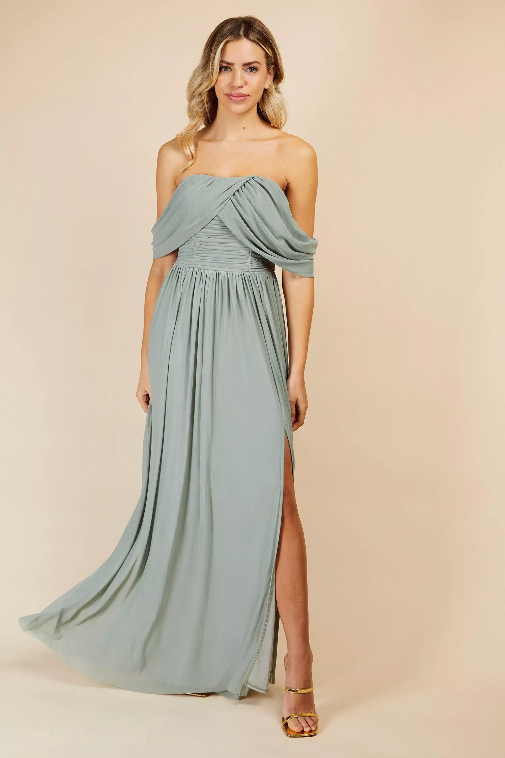 Little Mistress Sage Bridesmaid Maxi Bardot Dress - Womens - Green - Size: 12