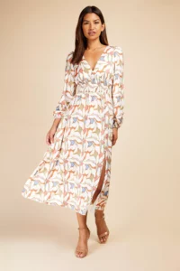 Little Mistress Printed Satin Long Sleeve Maxi Dress - Womens - Multi - Size: 12