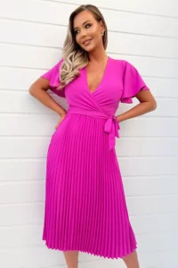 Ax Paris Hot Pink Pleated Midi Dress With Tie Waist - Womens - Size: 12