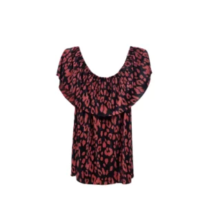 Women Pleated Bohemian Tops Leopard Print Off The Shoulder Ruffle Long Sleeve Blouse Red