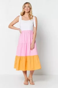 Pink/white Tie Shoulder Tiered Midi Dress