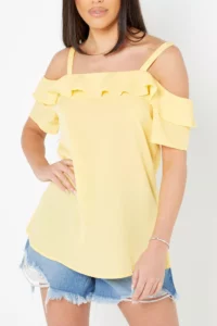 Yellow Floral Frill Cold Shoulder Top Size:16uk