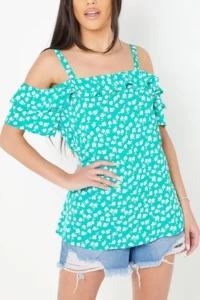 Green Floral Frill Cold Shoulder Top Size:14uk