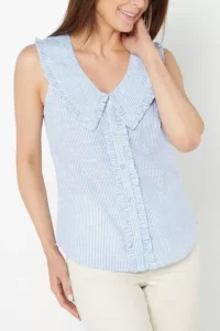 Sleeveless Stripe Collar Blue Blouse Size:14&16
