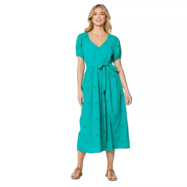 Green Button Through Broderie Midi Dress