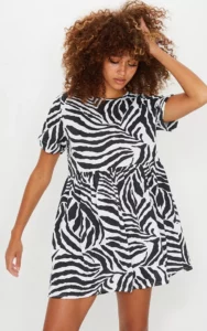 Mono Zebra Print Short Sleeve Smock Dress