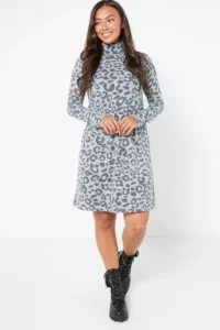Animal Print High Neck Grey Swing Dress Size:18uk
