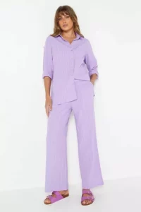 Crinkle Wide Leg Lilac Trousers Size:12