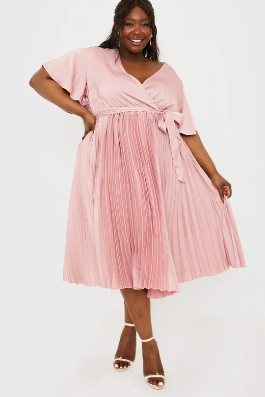 Peach Pleated Wrap Midi Dress Size:18uk