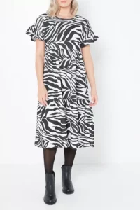 Zebra Print Crepe Frill Sleeve Tiered Midi Dress Size:20/22